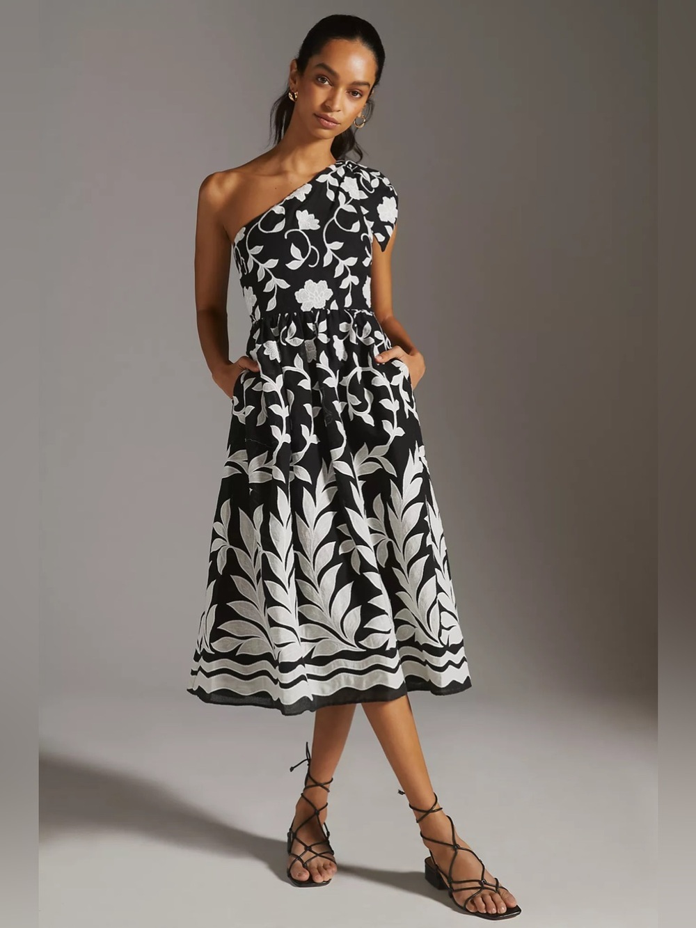 NWT By Anthropologie Black And White Floral One-Shoulder Midi Dress Sz 4